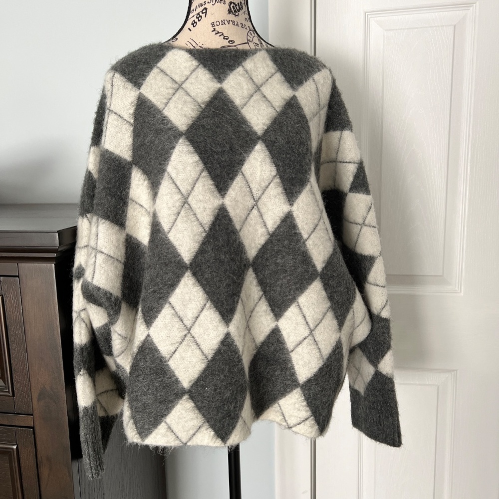 Pringle of Scotland H&M Argyle Batwing Sweater M/L Gray White